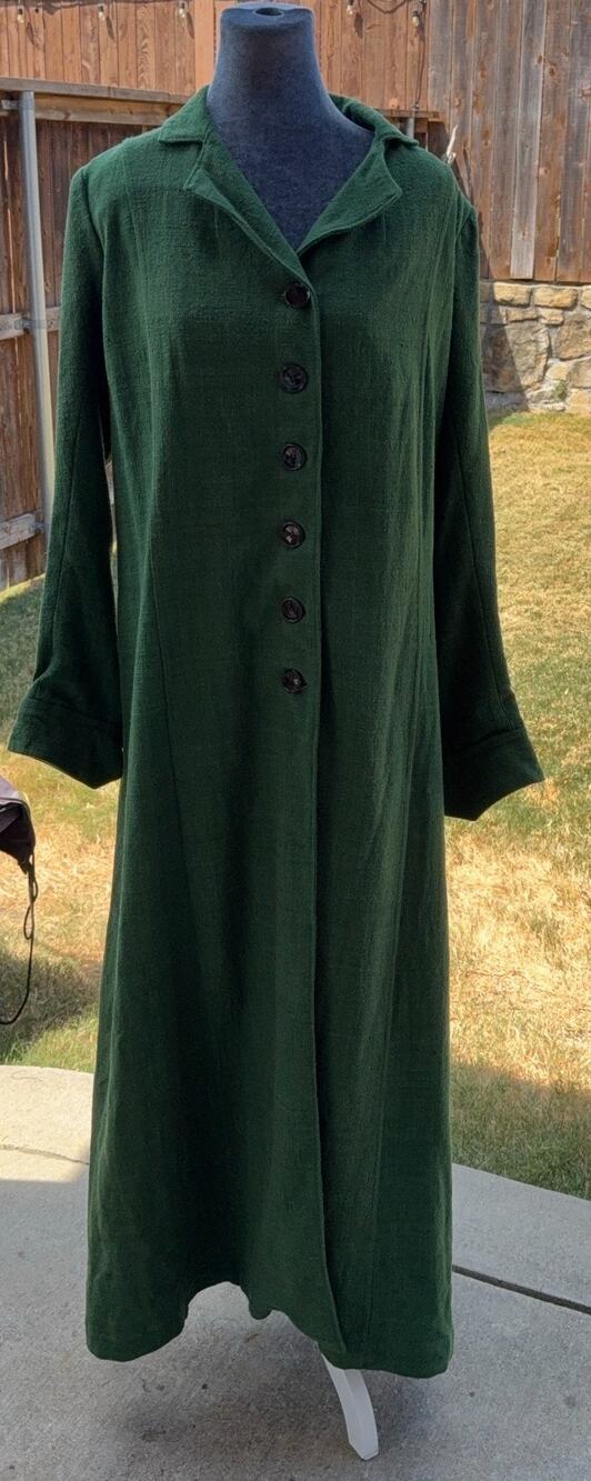 Handmade Green Maxi Coat Dress Womens Long Button Front Pleated Artisan Vintage
